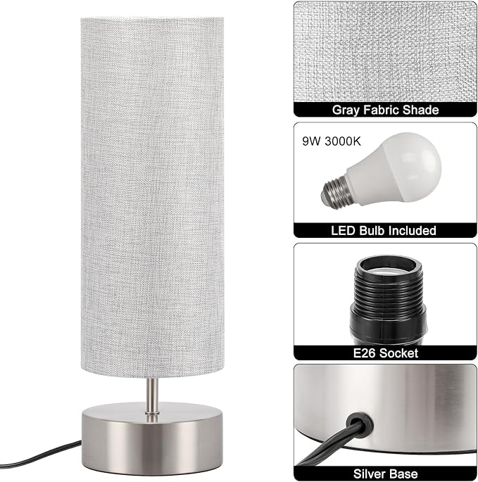 Bedside Touch Lamp, 3 Way Touch Control Table Lamp, Modern Nightstand Lamp | Silver Base with Gray Cylinder Shade, Simple Dimmable Night Light for Bedroom Living Room Kitchen, LED Bulb Included