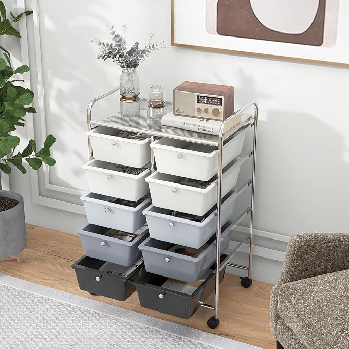 10 Drawer Rolling Cart, Storage Cart Organizer on Wheels, Drawer Cart with Metal Frame & Large Storage Capacity, Rolling Cart with Drawers for Living Room Classroom, Office