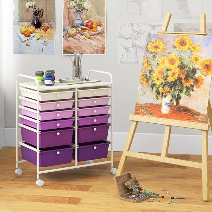 12 Drawer Rolling Storage Cart, Craft Cart Organizer on Wheels with Metal Frame, Large Capacity & Smooth Drawers for Living Room, Classroom, Office (Gradient Purple)