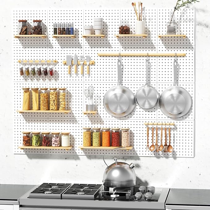 FZK White Modular Plastic Pegboard Wall Organizer Kit, 12x12, 4 Panels | ABS material, wall mount storage kit, includes hooks and shelves, drill free or screw installation, for home decor & office