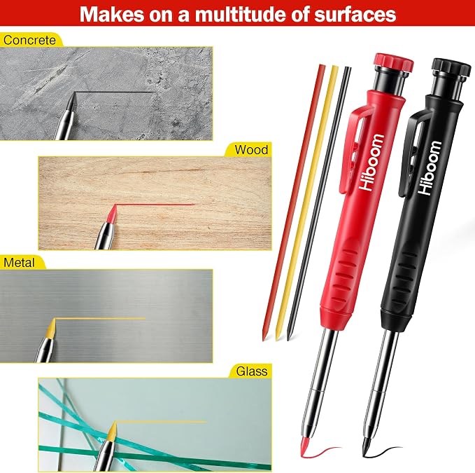 Hiboom 3 Pack Carpenter Pencil with 21 Refills (Yellow, Red, Black) | Long Nosed Deep Hole Marker, Mechanical Pencil, Built in Sharpener, Marks Dark Surfaces, Construction Woodworking Tools