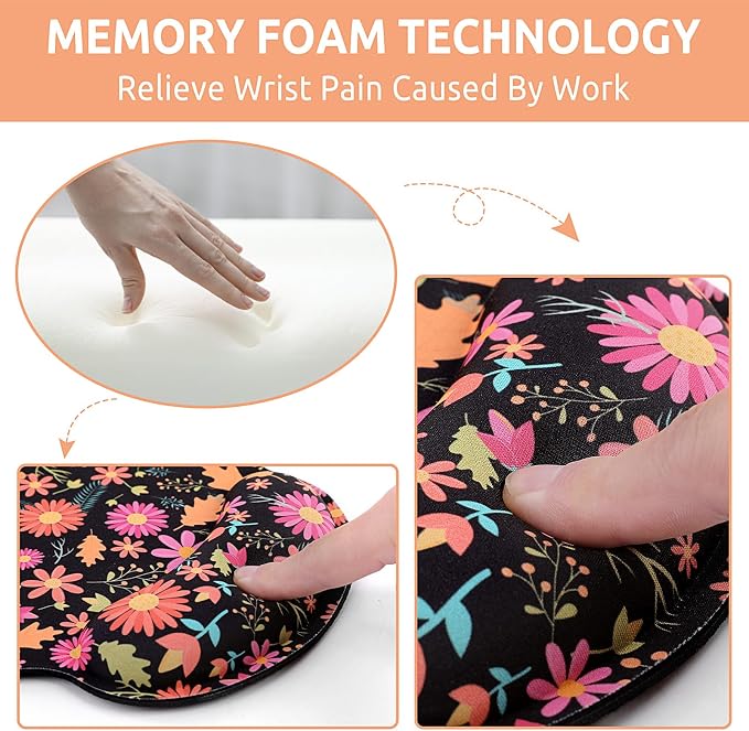 KONVINIT Ergonomic Mouse Pad with Wrist Rest, Small Mousepad with Non-Slip Rubber Base and Smooth Surface, Black Flowers Mouse Pads for Desk, Office Desk Accessories