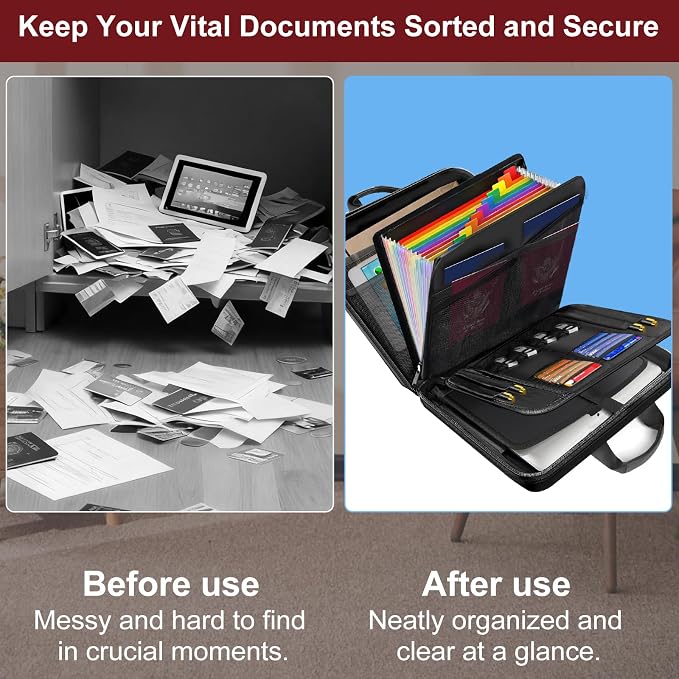 Fireproof Document Organizer with Lock for Important Documents, File | 13-Pocket Accordion Folder, Fire & Water-Resistant, Portable Home Office Travel Safe Box Storage for Laptop, Hard-Shell Case