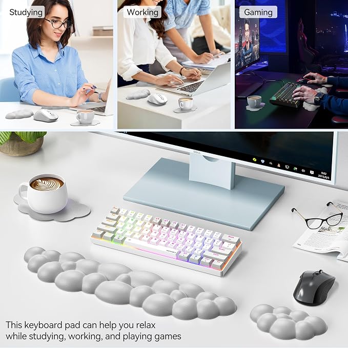 TECKNET Cloud Keyboard Wrist Rest Set, Cloud Wrist Rest with Non-Slip Base, PU Leather Wrist Pad for Keyboard with Ergonomic Memory Foam for Computer Laptop Office Gaming and Pain Relief, Grey