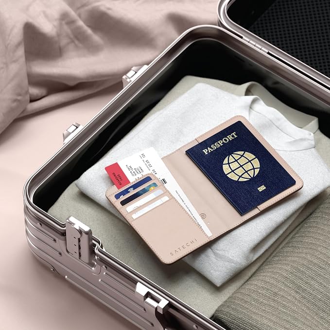 Satechi Passport Holder with Find My Tracking, Vegan Leather, Desert Rose | 4-slot card wallet, wireless charging, RFID protection, vegan leather