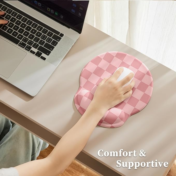 Ohocut Coral Pink Checkered Mouse Pad with Gel Wrist Rest, Wrist Support, Ergonomic Desk Accessories for Women, Office Laptop Gaming Decor, Cute Aesthetic Check Design