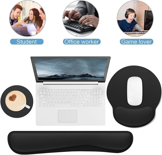 Ergonomic Mouse Pad with Wrist Rest and Keyboard Wrist Rest, Mousepad | Memory Foam Wrist Rest for Computer Keyboard, Pain Relief, Non-Slip Rubber Base, Black Mouse Pad Wrist Support for Gaming