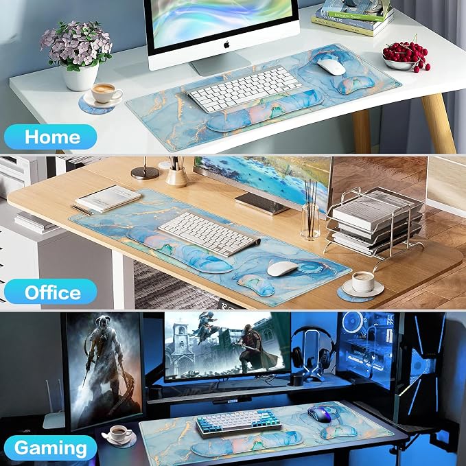 4 in1 Desk Mat Blue, Large Gaming Mouse Pad with Wrist Rest, | XXL Mousepad+Keyboard Wrist Rest+Mouse Pad Wrist Support+Cup Coaster Ergonomic Computer Desk Arm Wrist for Decor Office Women