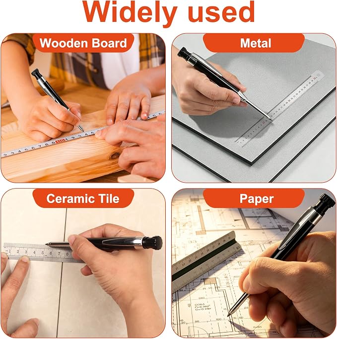YEVEETTE 2.8mm Carpenter Pencils with 7 Refills, Built-in Sharpener Long Nib Deep Hole Construction Pencil, Metal Drafting Pencil Set for Carpenter Scriber Woodworking Architect (Black)