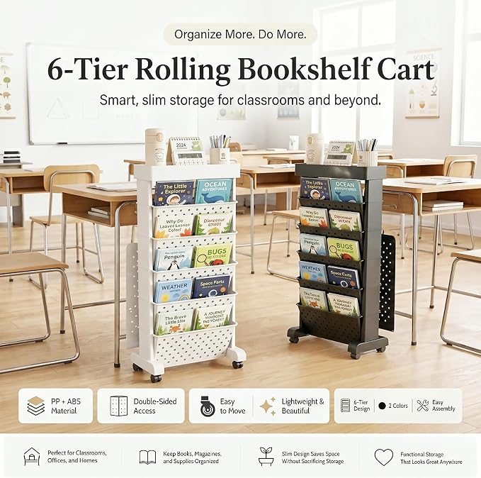 BYFU 6-Tier Rolling Bookshelf Cart, Black | Movable with Wheels, File Paper Storage Organizer, For Home Office Study Classroom