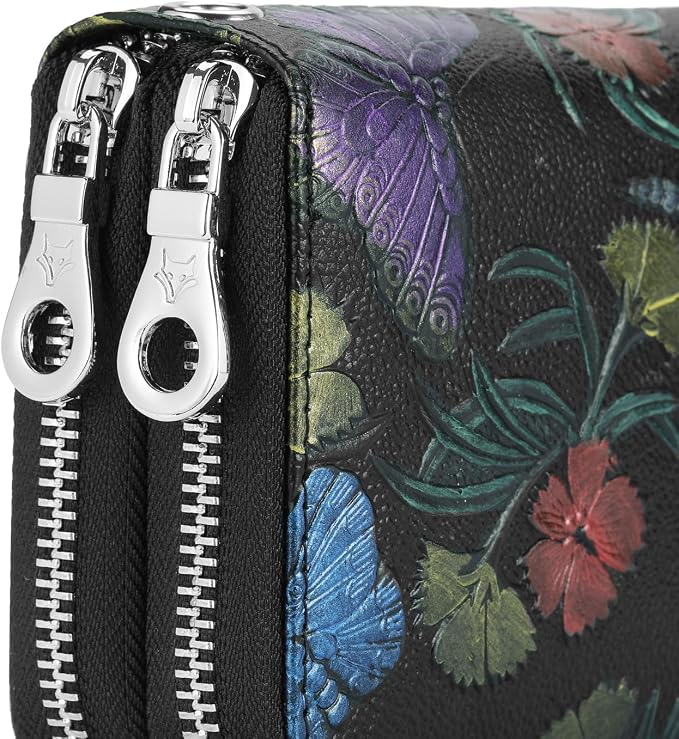 GOIACII Women's Wallet Large Capacity Double Zip Ladies Card Phone Holder RFID Blocking Wristlet Leather