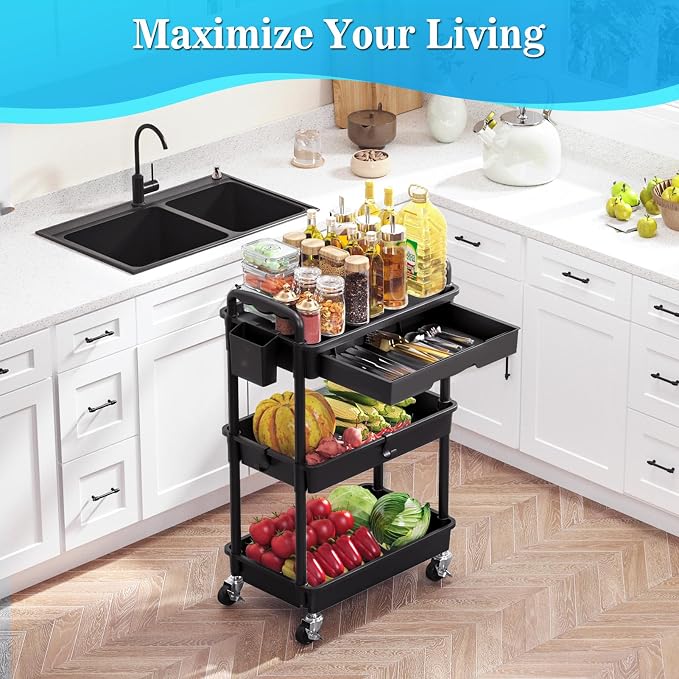 SUNALLY 3 Tier Rolling Cart with Drawer, Craft Storage Cart Organizer,Black | Bathroom Storage Organizer with 2 Lockable Wheels, Rolling Utility Cart for Kitchen, Office, Baby, Makeup, Nail,Snack,Laundry