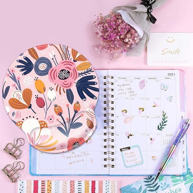 WAVEYU Ergonomic Mouse Pad with Wrist Support for Women Girls, Cute Pretty Mouse Mat Non-Slip Rubber Base Mousepad for Desk Laptop Gaming Working Computers Easy Typing & Pain Relief, Pink Flower