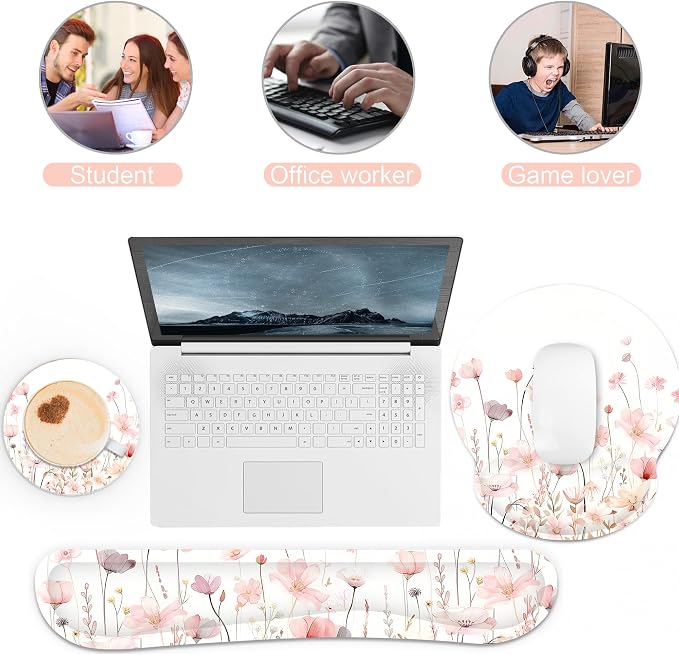 Ergonomic Mouse Pad with Wrist Rest and Keyboard Wrist Rest, Mousepad | Memory Foam Wrist Rest for Computer Keyboard, Pain Relief, Non-Slip Base,Mouse Pad Wrist Support for Gaming,Watercolor Flower