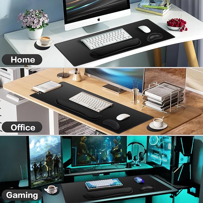 Mouse Pad Black, Mouse Pad with Wrist Rest, 4-in-1 Large Mousepad Keyboard | Wrist Rest+Mouse Pad Wrist Support+Cup Pad Set,Ergonomic Anti-Slip,Memory Foam Desk Mat for Home Office Gaming(35.4×15.7in)
