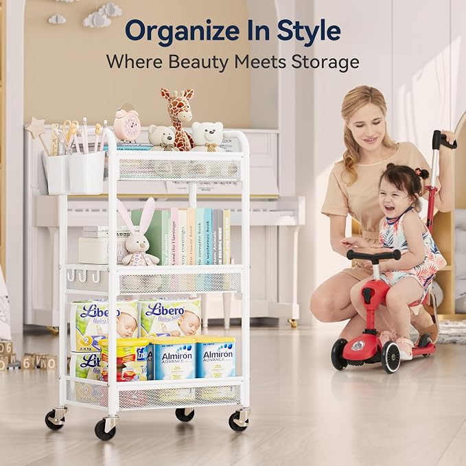3 Tier Metal Rolling Cart, White Utility Storage Cart with Wheels | Metal Mesh Craft Cart With Hooks & Hanging Cups, Ideal For Kitchen, Bathroom, Office, Dorm, Art Workspace, Bedside Storage