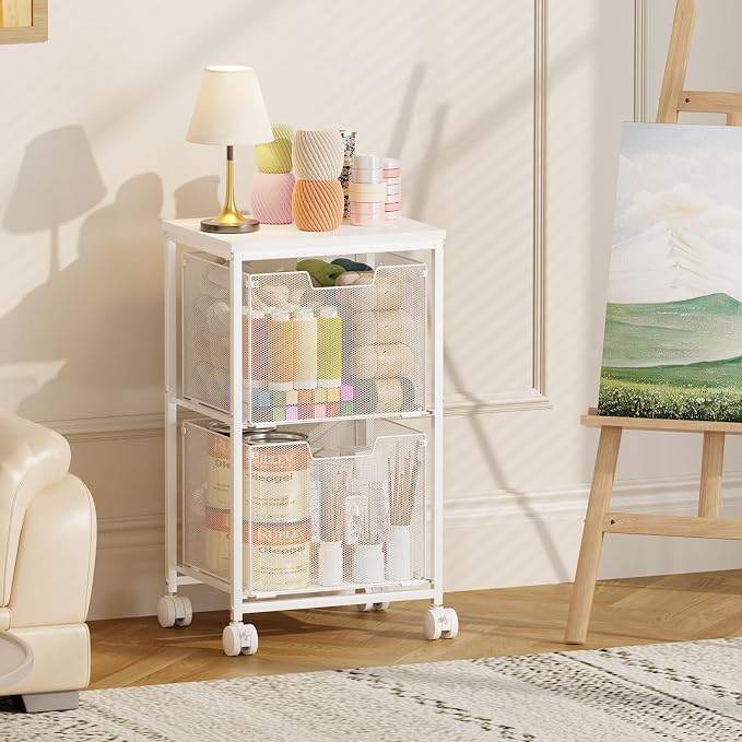 Rolling File Cart with 2 Storage Drawers,Under Desk Storage Cart | Hanging File Folder Organizer with Wheels, Filing Cabinet Mobile Printer Stand Utility Craft Cart for Home Office,White