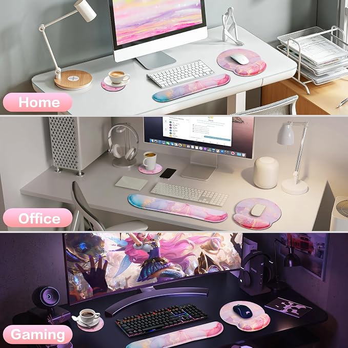 Mouse Pad with Wrist Rest Pink, 3-in-1 Wrist Support Mousepad Set, | Gaming with Anti-Skid Base,Ergonomic Mouse Pad,Memory Foam Keyboard Gel Wrist Rest