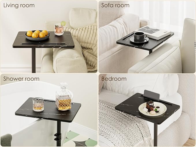 Masupu Sofa Arm Tray Table - 360° Swivel Height Adjustable End Table, Small Snack Side Table for Couch, C Shaped Table for Bed, Chair or TV Tray Table(Marble Black)