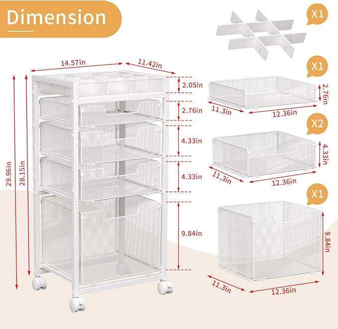 Rolling File Cart with 4 Storage Drawers, Under Desk Filing Cabinet with DIY Divider, Hanging File Folder Organizer on Wheels, Fits A4/Letter Size, Metal Utility Cart for Home Office, White