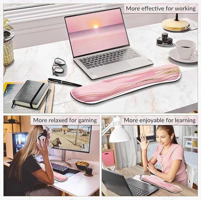 Gimars 63D High-Density Thicken Memory Foam Keyboard Wrist Rest, 17.3'' Extended Ergonomic Wrist Rest with Anti-Slip Rubber Base for Typing Pain Relief, Office, Gaming, Computer, Laptop, Pink Golden