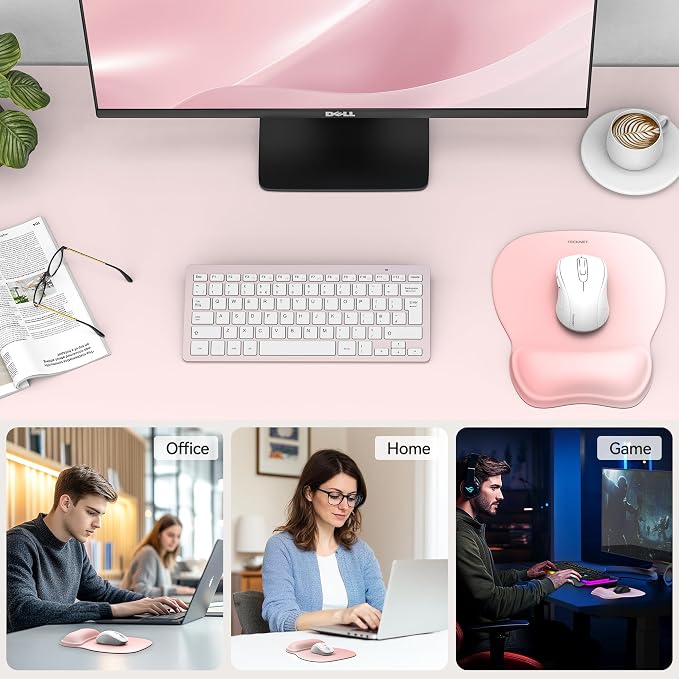 TECKNET Gel Ergonomic Mouse Pad with Wrist Rest, Non-Slip PU Base, Pink | Comfortable Gel Cushion, Pain Relief, Smooth and Waterproof Surface, Mouse Pad with Wrist Rest for Office, Gaming and Study