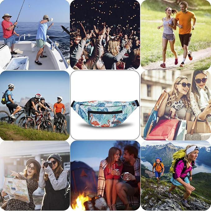 Large Fanny Pack Belt Bag with Adjustable Straps Waist Pack for Men Women | Flamingo Print4-Zipper Pockets,Ideal Gifts for Traveling Hiking Casual Waist Pack Carrying All Size Phones