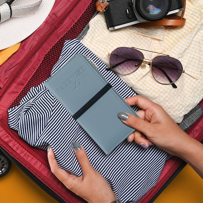 TIGARI Rfid Passport Wallet for Women, Travel Wallet Passport Holder for Travel, Leather Zipper Pocket Card Slots Purses, Travel Document Organizer Waterproof Travel Accessories (Blue)