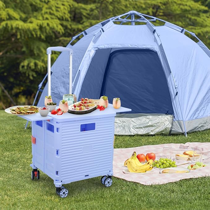 FELICON SELORSS Folding Utility Cart Portable Rolling Crate Handcart-Blue | Magnetic Sliding Lid,Telescoping Handle,Plastic Box Dolly,360°Swivel Wheels for Travel Shop Move Laundry Office Teacher Use