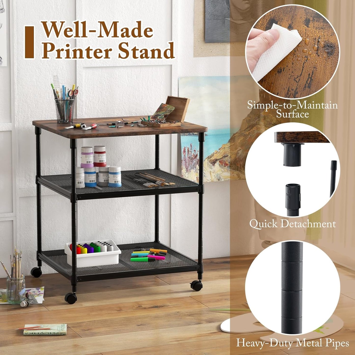 Tangkula 3-Tier Printer Stand, Multifunctional Utility Cart with Ample Storage Space, Rolling & Lockable Wheels, Sturdy Metal Frame, Adjustable Heights, Printer Cart (Rustic Brown)