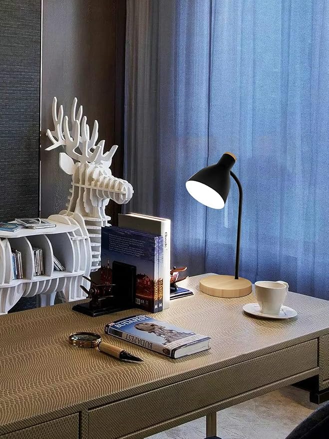 LALISU Metal Desk Lamp Table Lamp Reading Lights Arc Desk Lamps for Bedroom, Wood Base Bedside Lamp with Flexible Gooseneck for Study Room and Office (Wood Base+Black)