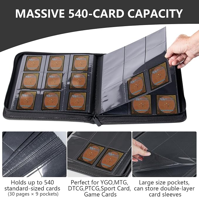 Trading card binder,Ringless Zip laser foiling Binder,540 Double Sided Pocket Collectible Trading Card Albums for YGO,MTG, DTCG,Sport Card, Game Cards (MTG Gray)