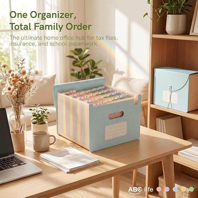 ABC life 26 Pockets Accordion File Organizer, Dusty Blue | Expanding File Folder for Letter/A4 Size, Portable Document Holder with A-Z Tabs for Tax Receipt, School, Home, Office