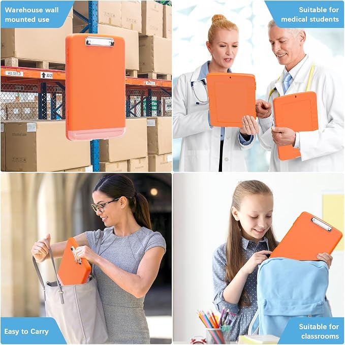 Hongri Clipboard with Storage with Pencil Case, 8.5 x 11 Storage Clip Board | High Capacity Organization Box for A4 Letter Legal Paper, Heavy Duty Folio & Side-Opening for Nurses, Teachers, Orange