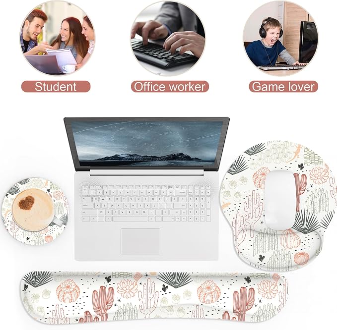Ergonomic Mouse Pad with Wrist Rest and Keyboard Wrist Rest, Mousepad | Memory Foam Wrist Rest for Computer Keyboard, Pain Relief, Non-Slip Rubber Base, Mouse Pad Wrist Support for Gaming, Cactus