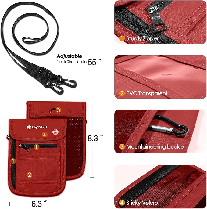 OMYSTYLE Neck Wallet, RFID Passport Holder for Travel, Adjustable Neck Strap, Waterproof Neck Pouch for Men & Women to Keep Cash, Credit Cards and Documents Safe, Red (8x6)