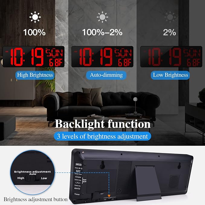 17.2"Large Digital Wall Clock Large Display with Remote Control 180°Visible | Timer with Temperature Date Week Auto DST Adjustable Brightness, for Living Room Classroom Garage Gym Gift for Senior Mom Dad