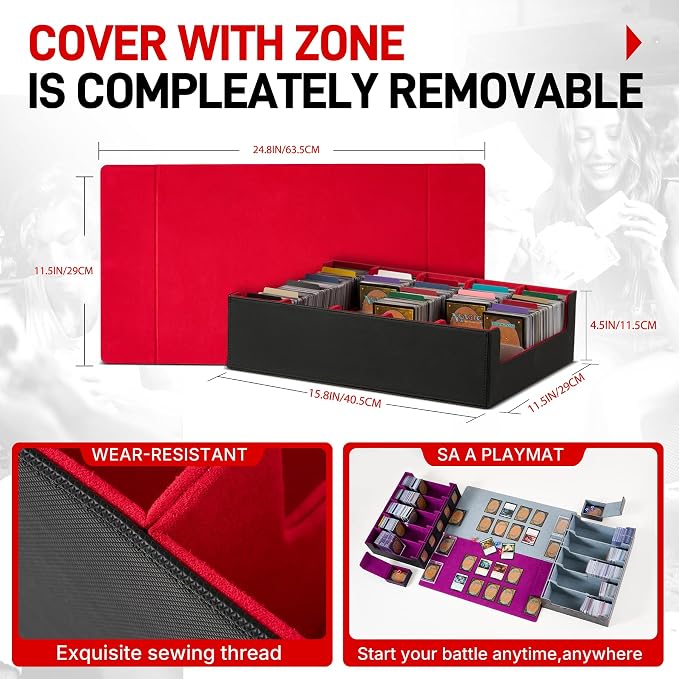 Magnetic Leather Trading Card Storage Box - 5-Row Deck Case Design, 3900+ Capacity for YuGiOh, MTG, TCG and Sports Cards, Includes 24 Colorful Dividers & 5 Card Supports(Black/Red)