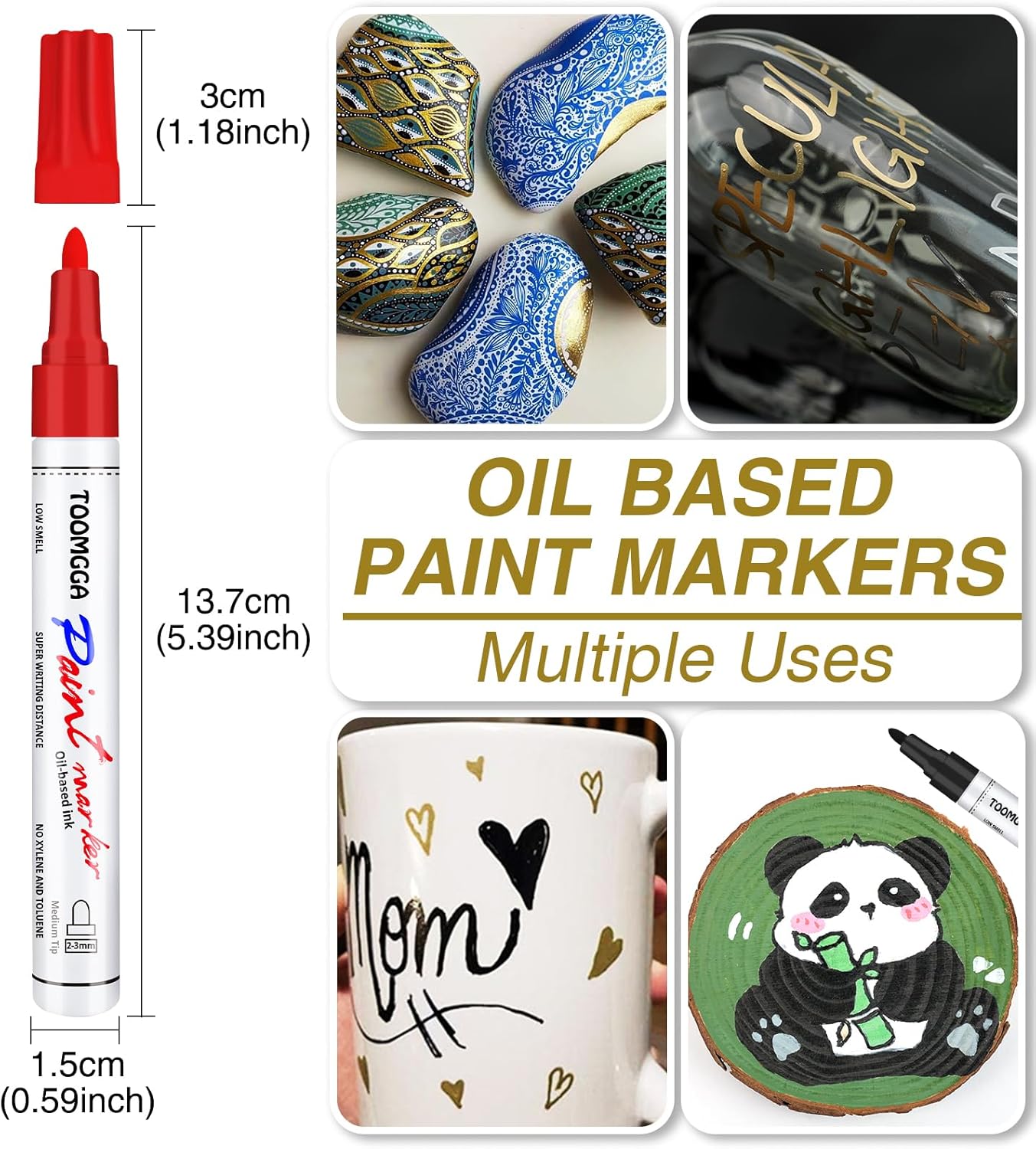 Pink Permanent Paint Pens - 6 Pack Oil Based Paint Markers, Pens For Rock Painting Car Tyre Metal, Plastic, Canvas, Mugs, Wood, Glass, Quick Drying and Waterproof, Medium Point