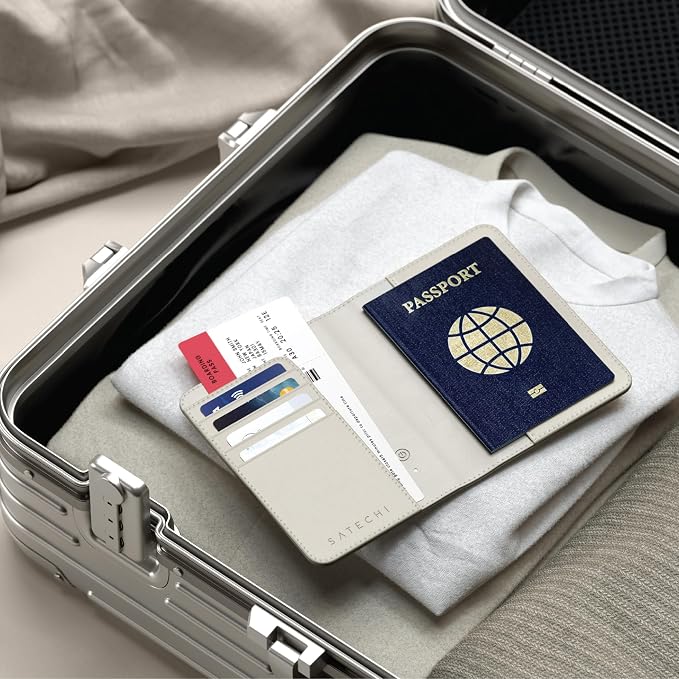 Satechi Passport Holder with Find My Tracking, 4-Slot Card Wallet, Sand | 4-slot card wallet, wireless charging, RFID protection, vegan leather