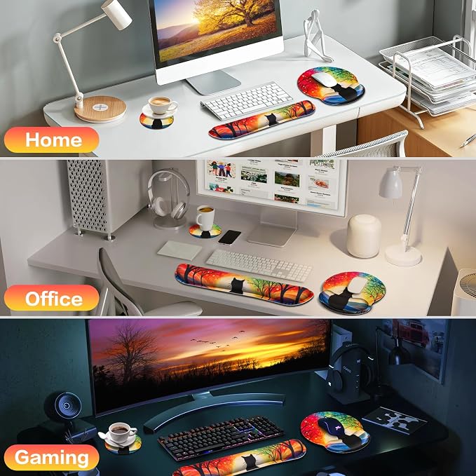 3-in-1 Mouse Pad with Wrist Rest Cute Black Cat Set | Wrist Support Mouse Pad Set,Gaming Mousepad with Anti-Skid Base,Ergonomic Mouse Pad,Memory Foam Keyboard Gel Wrist Rest Anime