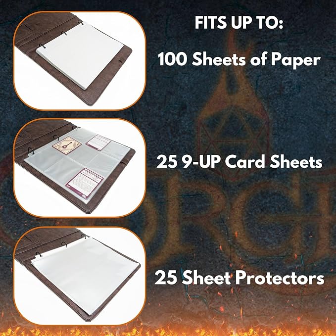 Forged Dice Co. Game-Folio PU Leather Portfolio Binder - Gaming Binder for DND Character Sheets with DND Spell Cards Organizer and Clear Front Pocket - Compatible with Dungeons and Dragons RPG - Brown
