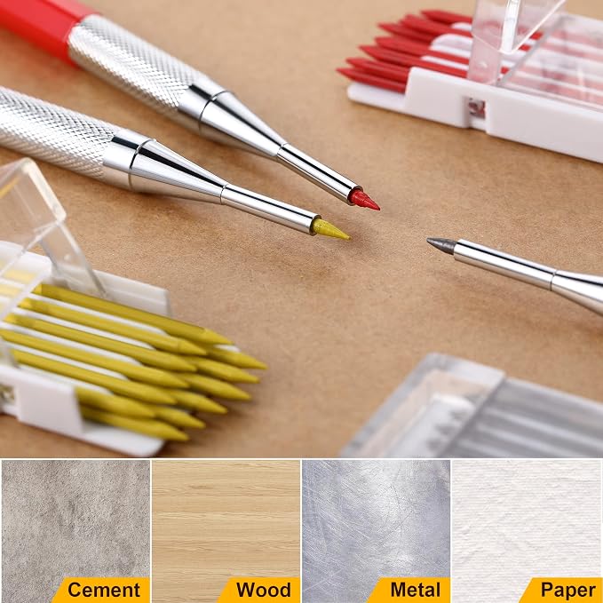 Enhon 3 Pcs 2mm Mechanical Carpenter Pencils Set with 36 Marker Refills | Extended Needle Nose Tip, 3 Color Marking Refills, Built-In Sharpener Design and Pocket Clip, Multi-Surface Woodworking Tool
