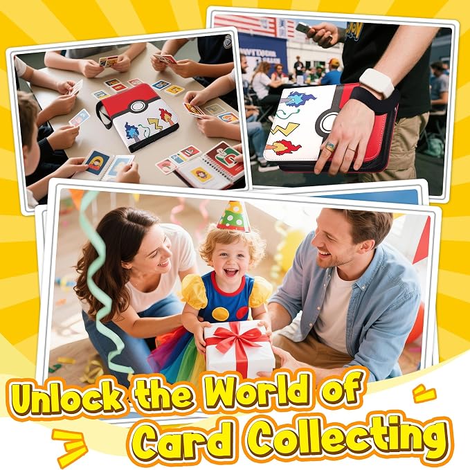 Card Binder – 4 Pocket Zipper Collection Album, Premium PU Holder, Double-Sided Display for 400 Cards, Includes 5 Hard Plastic Sleeves for Game Cards, Sports Cards(Cartoon Stickers)