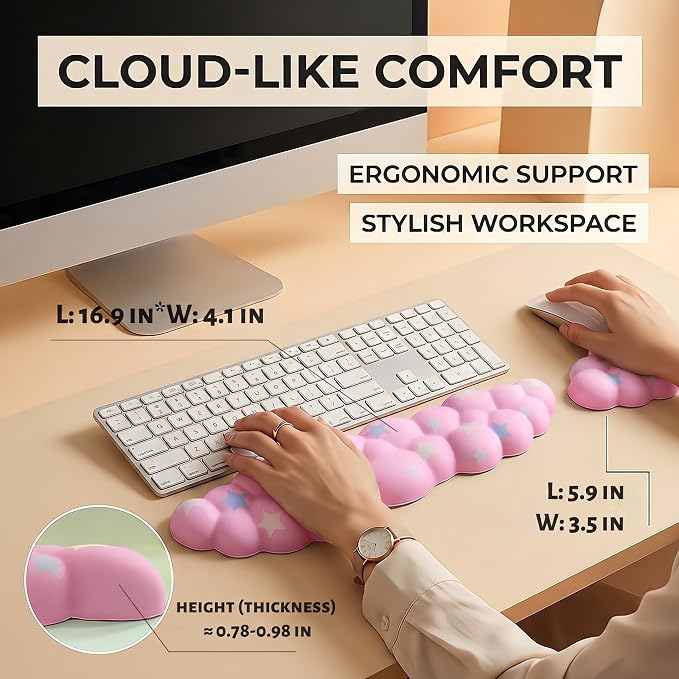 Cloud Wrist Rest Set for Keyboard & Mouse, 16.9", Pink Colorful Star | Memory Foam Arm Rest with Ergonomic Support Fits Full Keyboards and Reduces Typing Fatigue for Office, Gaming and Home Use