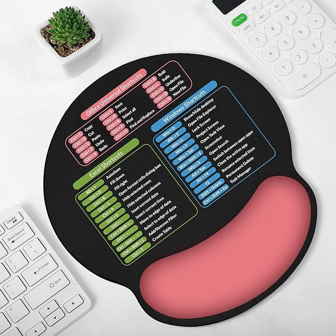 KONVINIT Ergonomic Mouse Pad with Wrist Rest, Small Excel Cheat Sheet Desk Pad with Windows & Office & Excel Shortcuts, Non-Slip Rubber Base Mouse Pads for Desk with Smooth Surface, Black Pink