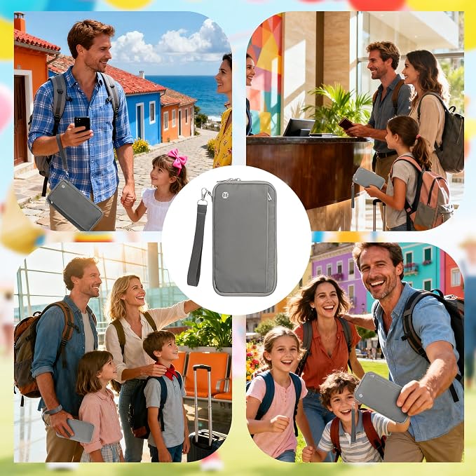WALNEW Passport Holder Travel Family for 10, RFID Blocking Passport Wallet | Travel Documents Organizer with Zipper, for Cards, Cash, Boarding Passes, Tickets, International Travel Essentials
