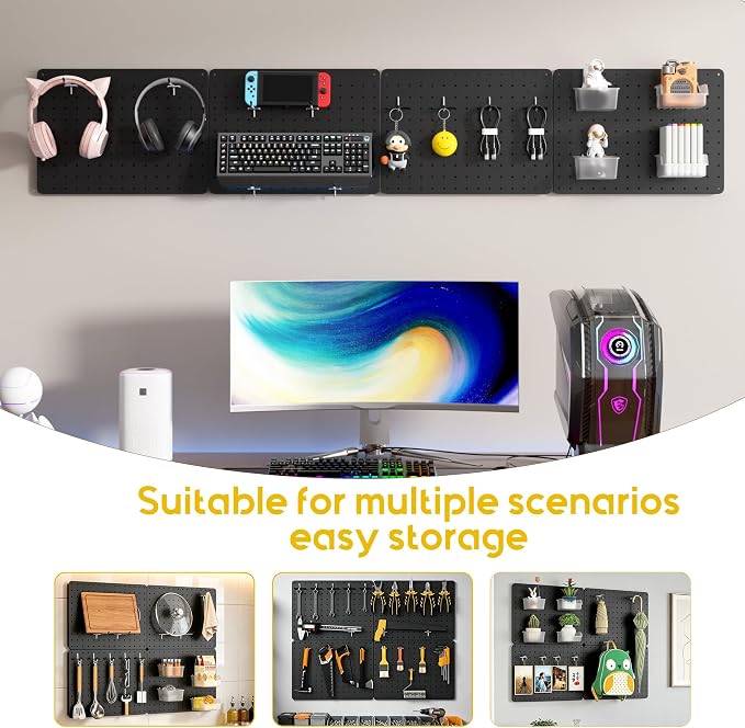 Steel Pegboard Tool Wall Organizer, 4 Pack 14.76 x 10.82 in, 6 Bins, Black | 6 clear storage bins organize screws and small parts; 36 hooks and 30 peg locks keep garage tools sorted and easy to reach.