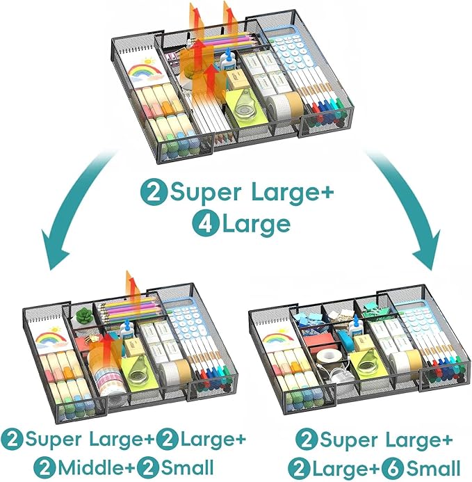 Expandable Desk Drawer Organizer Tray with 10 Adjustable Compartments, Metal Mesh Office Drawer Organizer, Versatile Desk Organizer for Home, School Supplies, Makeup Vanity & Jewelry (Black)