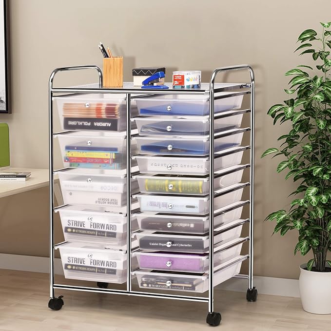 GLACER 15 Drawers Rolling Storage Cart, Steel Frame Craft Organizer Cart | Utility Cart w/Lockable Wheels & Sleek Handle, Mobile Art & Tool Supply Trolley for Teacher, Home, School, Office (Clear)